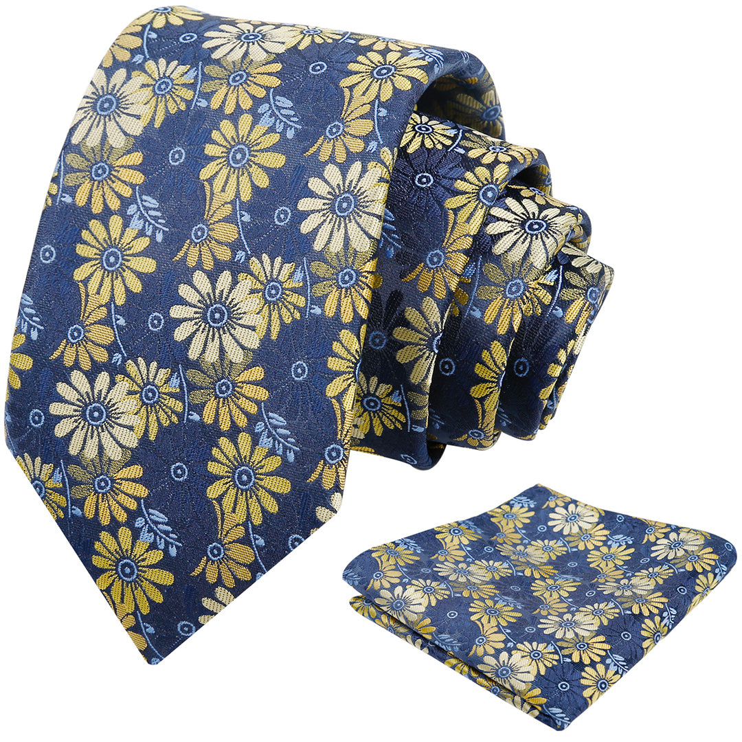 Mens 3.15'' Colorful Flower Necktie and Pocket Square Set Wedding Casual Rustic Tie and Hanky Set-912
