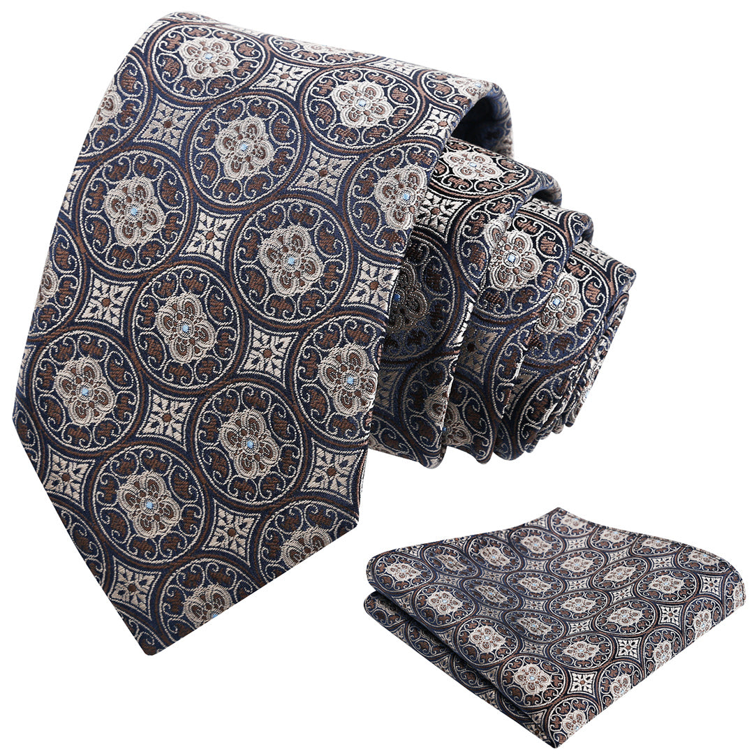 Mens 3.15'' Vintage Necktie and Pocket Square Business Geometric Regular Patterns Tie and Hanky Set-913