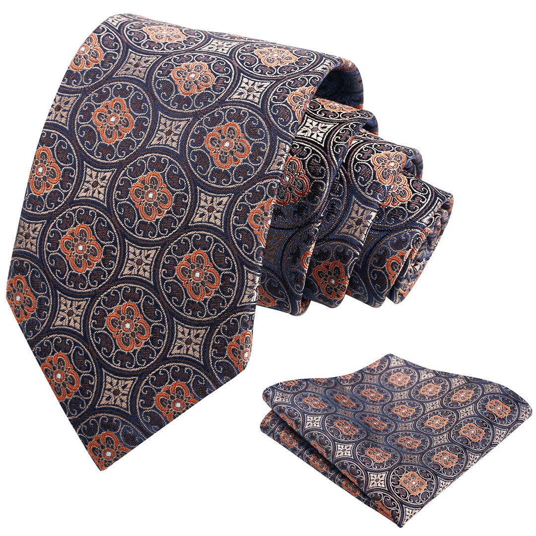 Mens 3.15'' Vintage Necktie and Pocket Square Business Geometric Regular Patterns Tie and Hanky Set-913