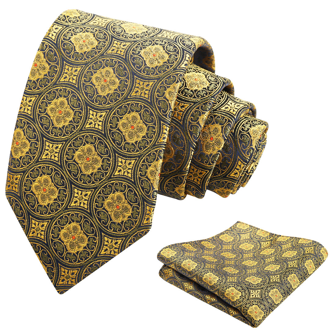 Mens 3.15'' Vintage Necktie and Pocket Square Business Geometric Regular Patterns Tie and Hanky Set-913