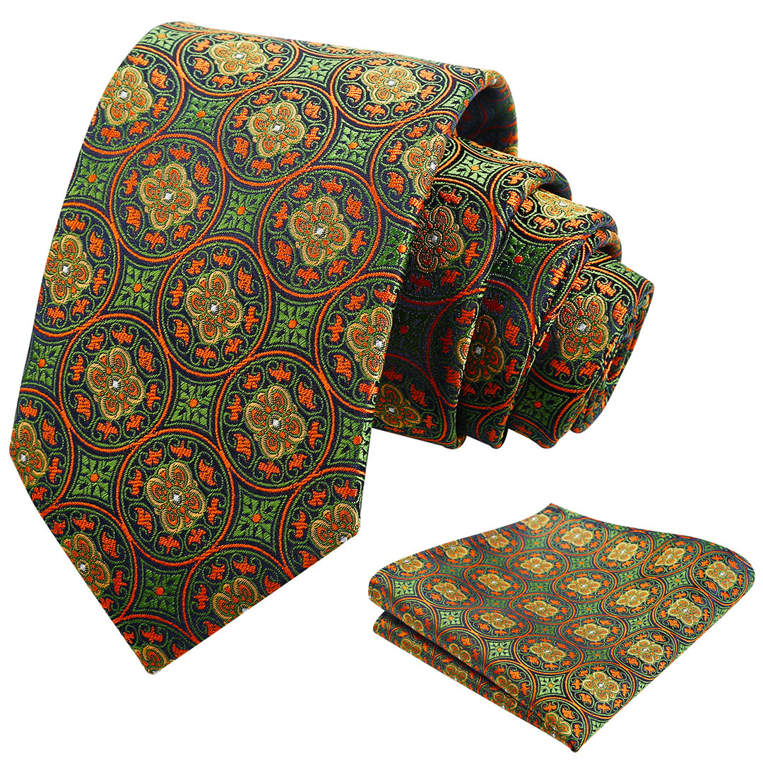 Mens 3.15'' Vintage Necktie and Pocket Square Business Geometric Regular Patterns Tie and Hanky Set-913