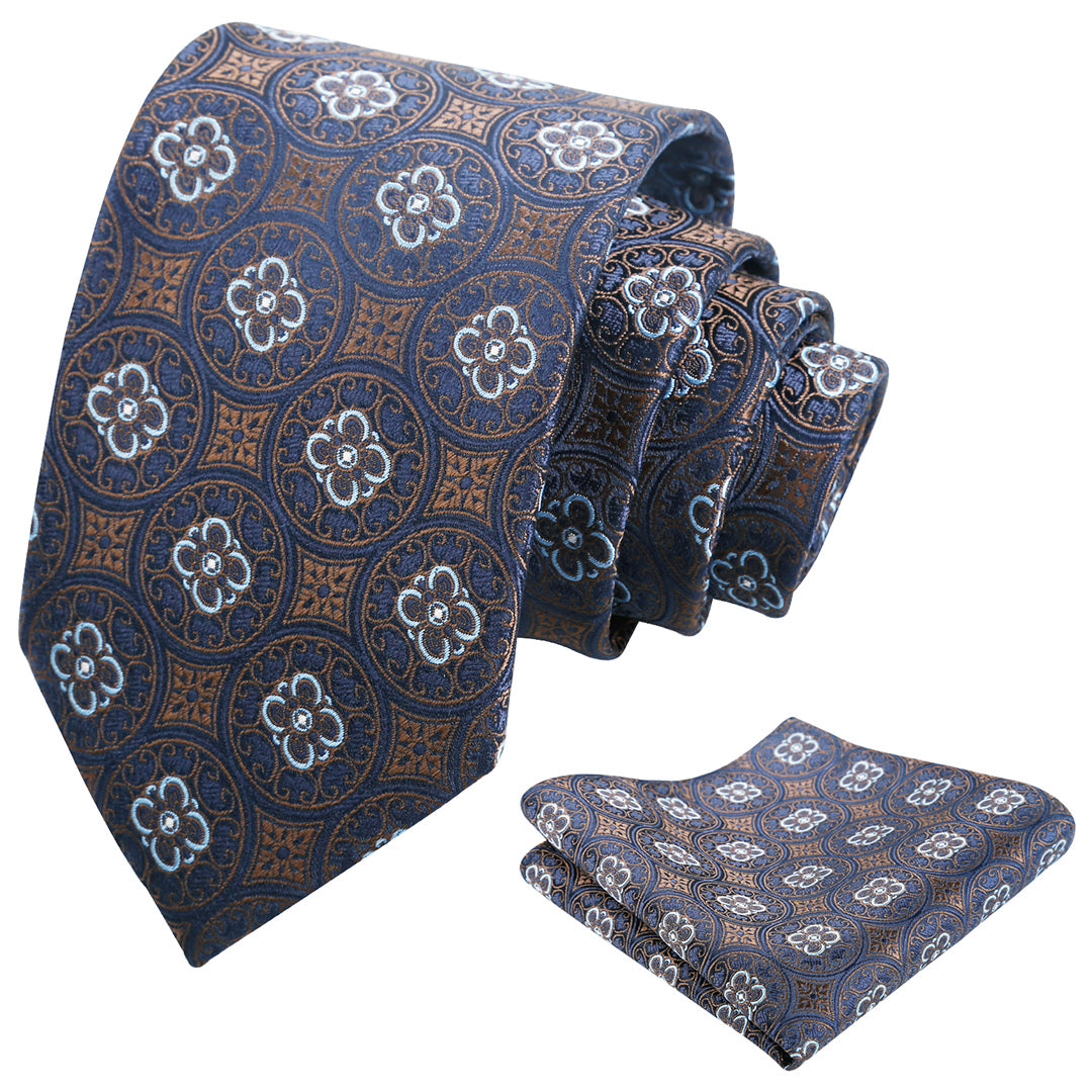 Mens 3.15'' Vintage Necktie and Pocket Square Business Geometric Regular Patterns Tie and Hanky Set-913