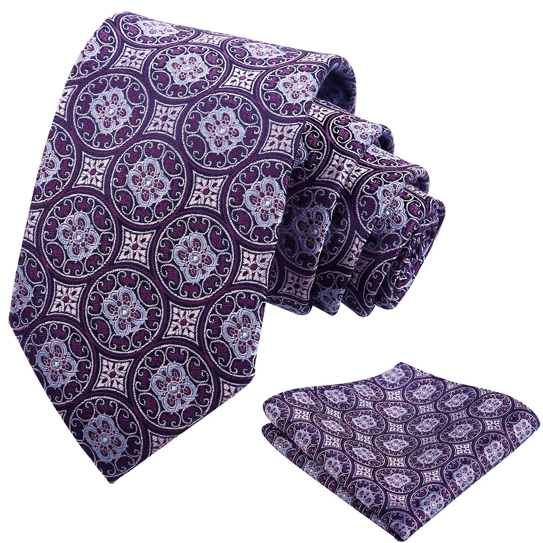 Mens 3.15'' Vintage Necktie and Pocket Square Business Geometric Regular Patterns Tie and Hanky Set-913