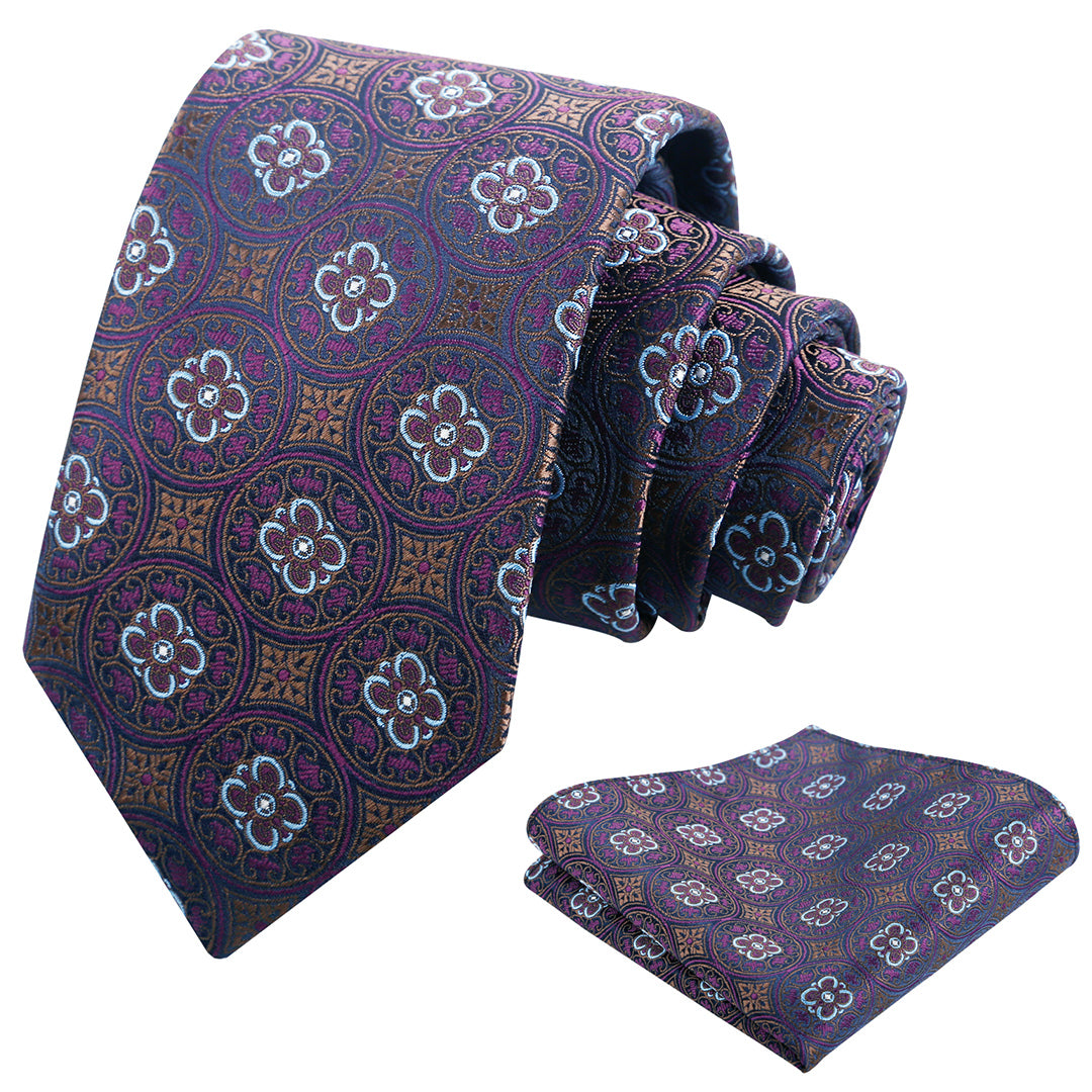 Mens 3.15'' Vintage Necktie and Pocket Square Business Geometric Regular Patterns Tie and Hanky Set-913