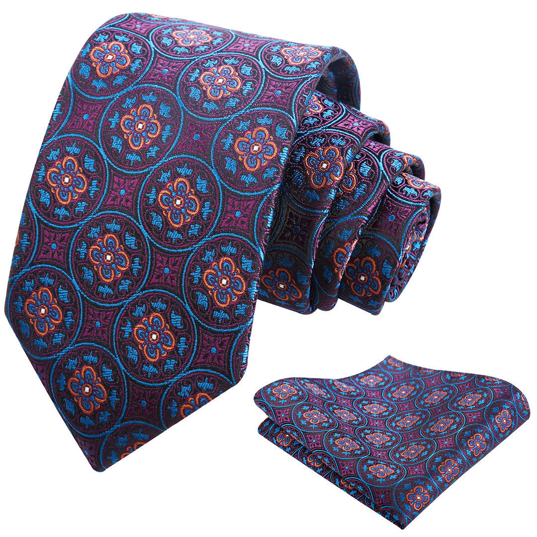 Mens 3.15'' Vintage Necktie and Pocket Square Business Geometric Regular Patterns Tie and Hanky Set-913