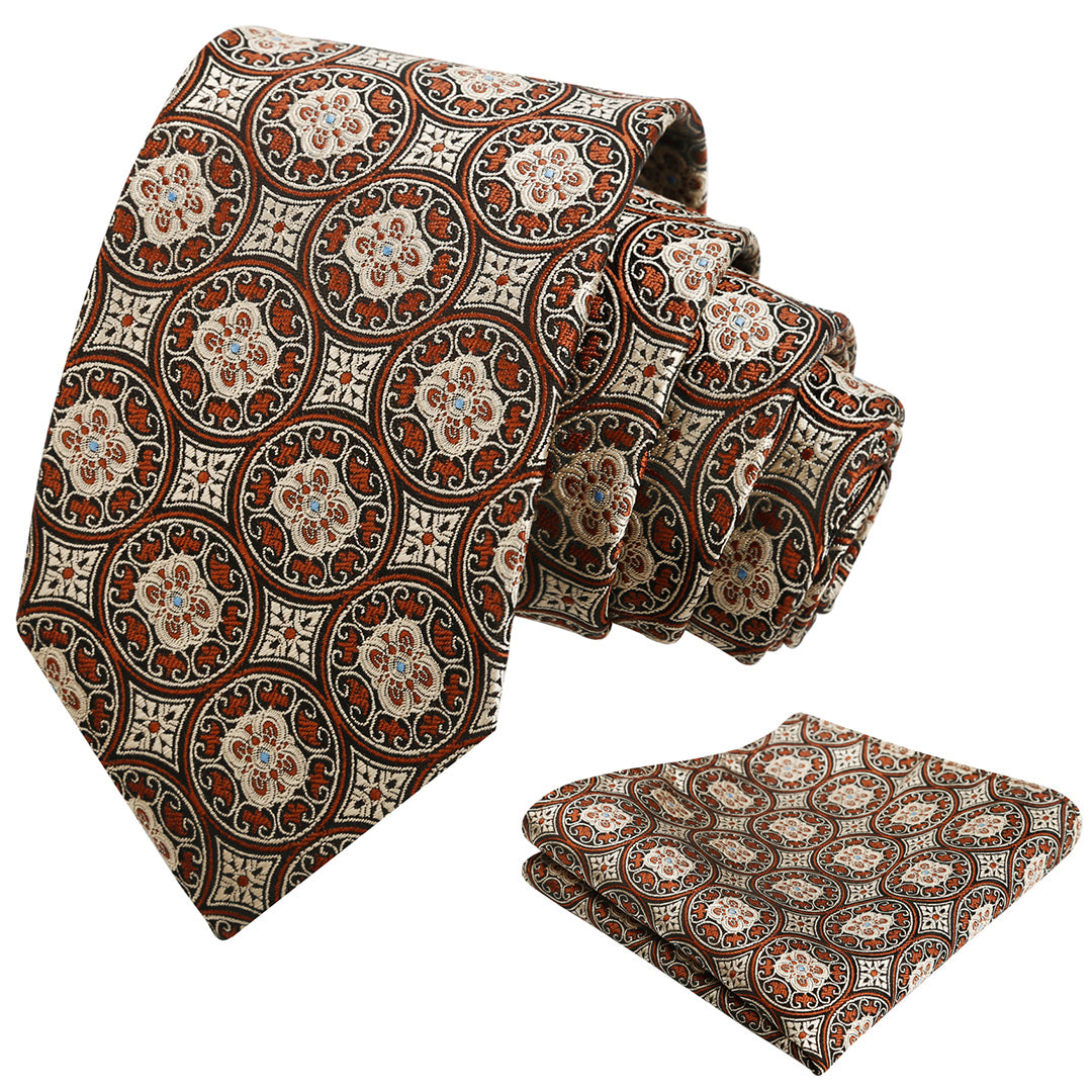 Mens 3.15'' Vintage Necktie and Pocket Square Business Geometric Regular Patterns Tie and Hanky Set-913