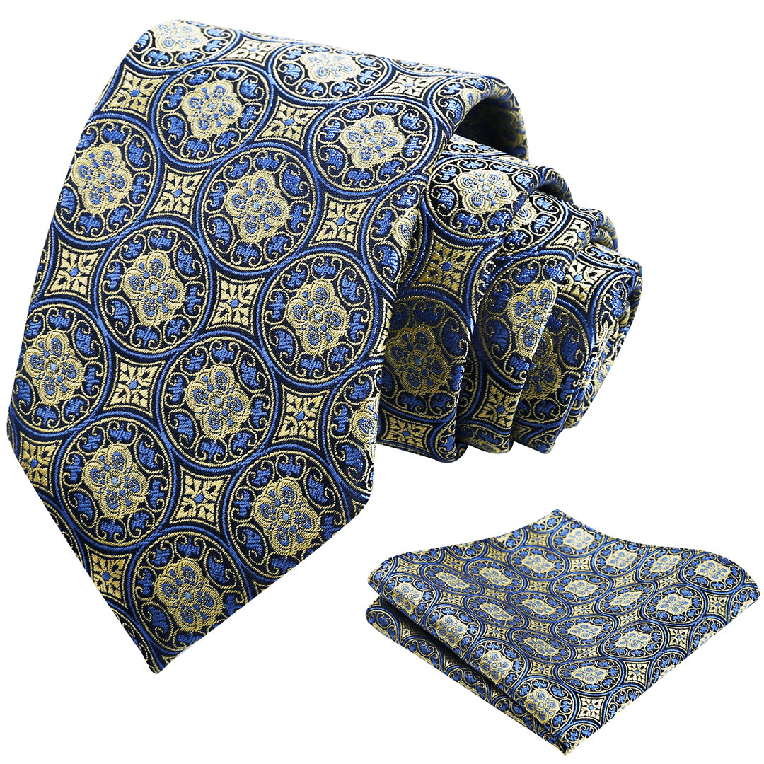 Mens 3.15'' Vintage Necktie and Pocket Square Business Geometric Regular Patterns Tie and Hanky Set-913