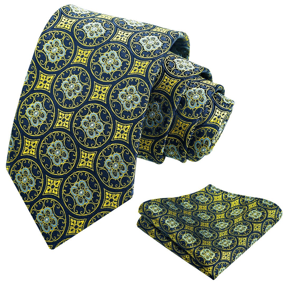 Mens 3.15'' Vintage Necktie and Pocket Square Business Geometric Regular Patterns Tie and Hanky Set-913