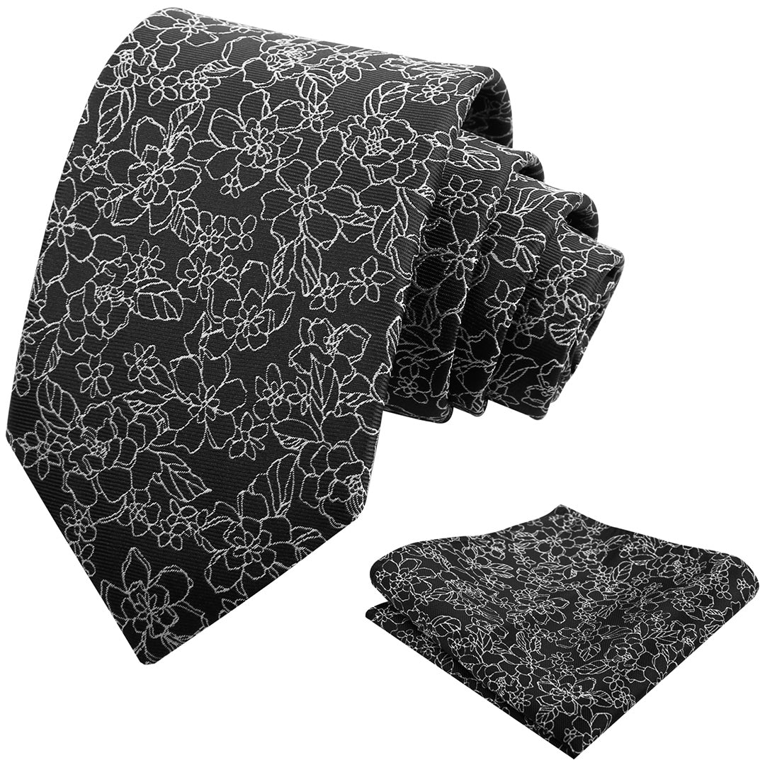 Mens 3.15inch Printed Floral Tie Set Solid Color Wedding Party Casual Flower Necktie Pocket Square Set-914
