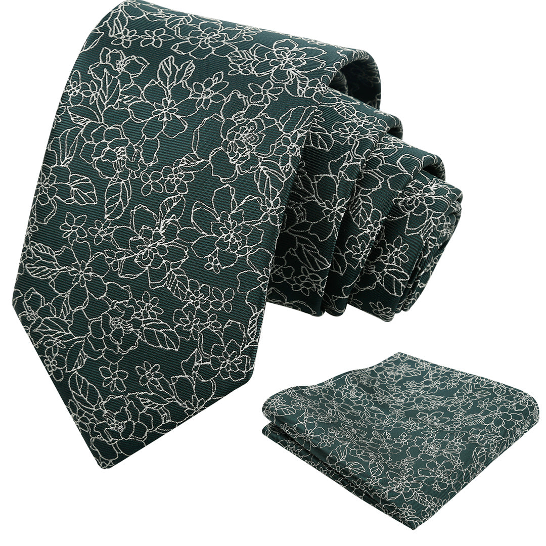 Mens 3.15inch Printed Floral Tie Set Solid Color Wedding Party Casual Flower Necktie Pocket Square Set-914