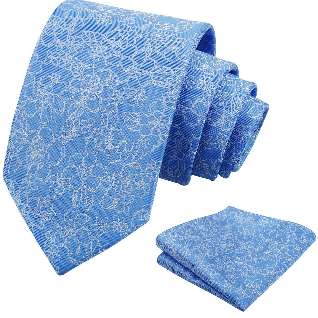Mens 3.15inch Printed Floral Tie Set Solid Color Wedding Party Casual Flower Necktie Pocket Square Set-914