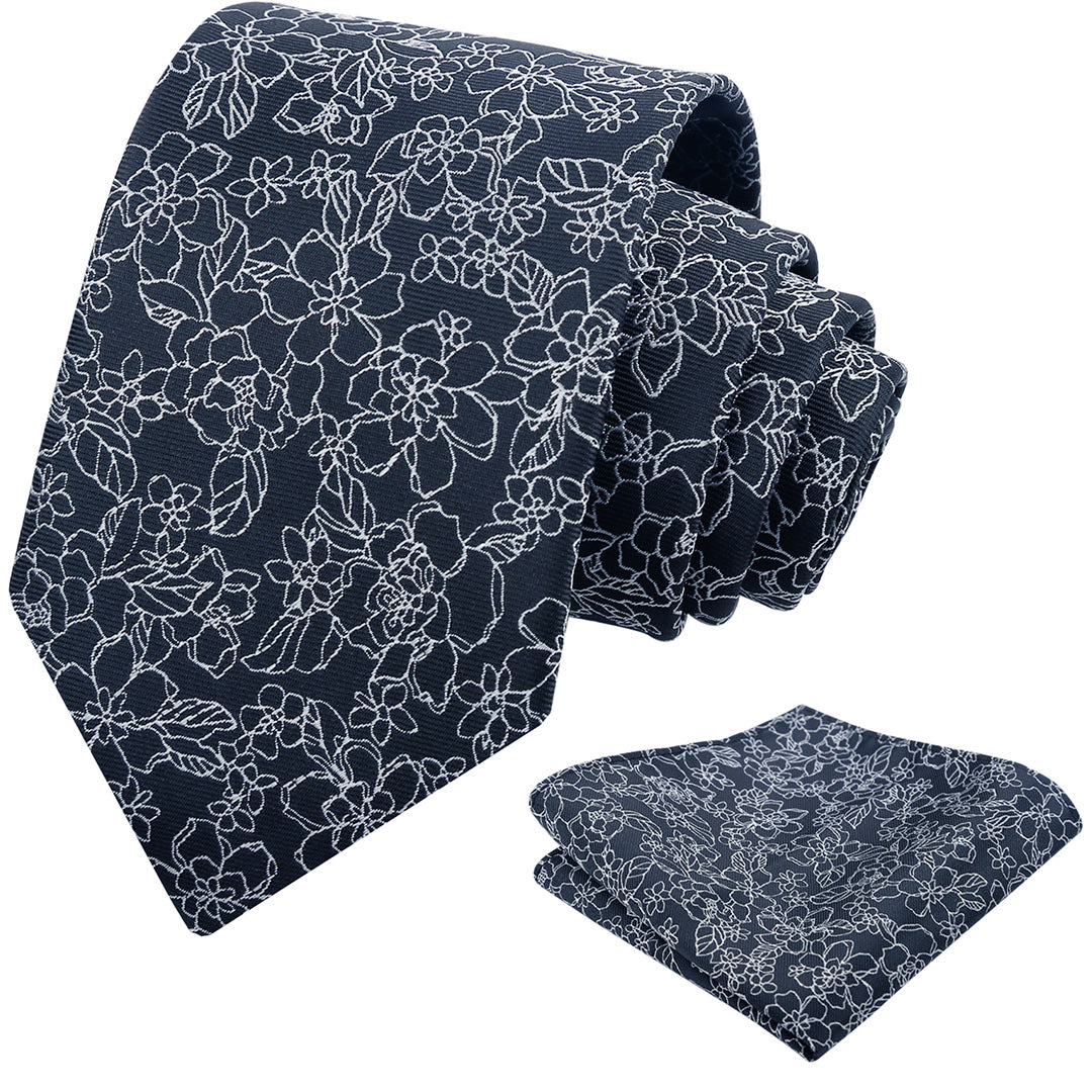 Mens 3.15inch Printed Floral Tie Set Solid Color Wedding Party Casual Flower Necktie Pocket Square Set-914