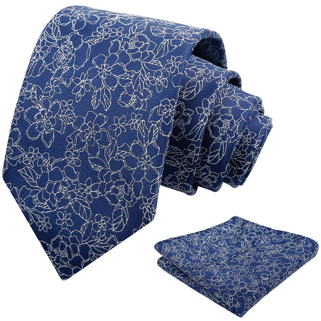 Mens 3.15inch Printed Floral Tie Set Solid Color Wedding Party Casual Flower Necktie Pocket Square Set-914