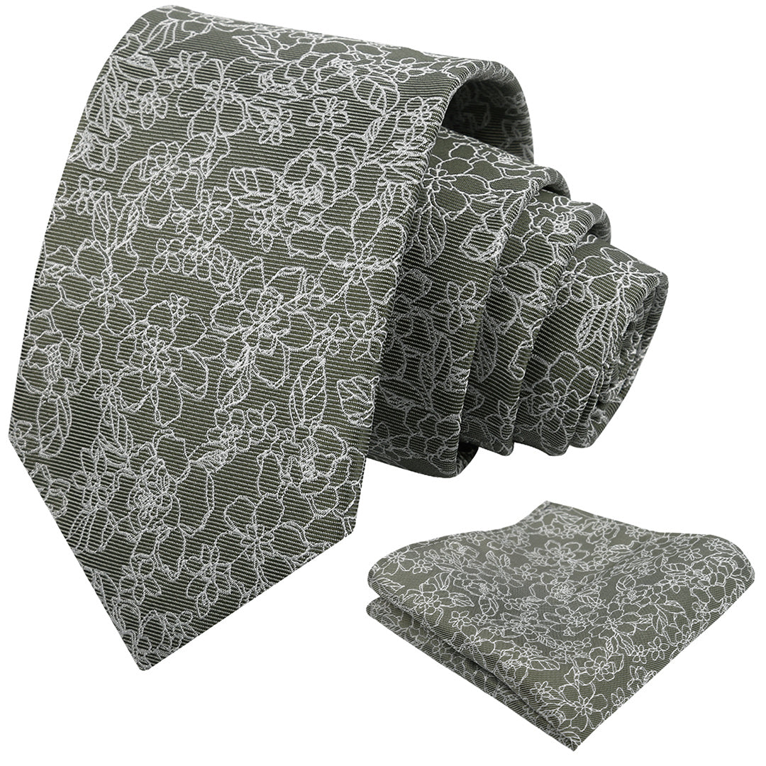 Mens 3.15inch Printed Floral Tie Set Solid Color Wedding Party Casual Flower Necktie Pocket Square Set-914