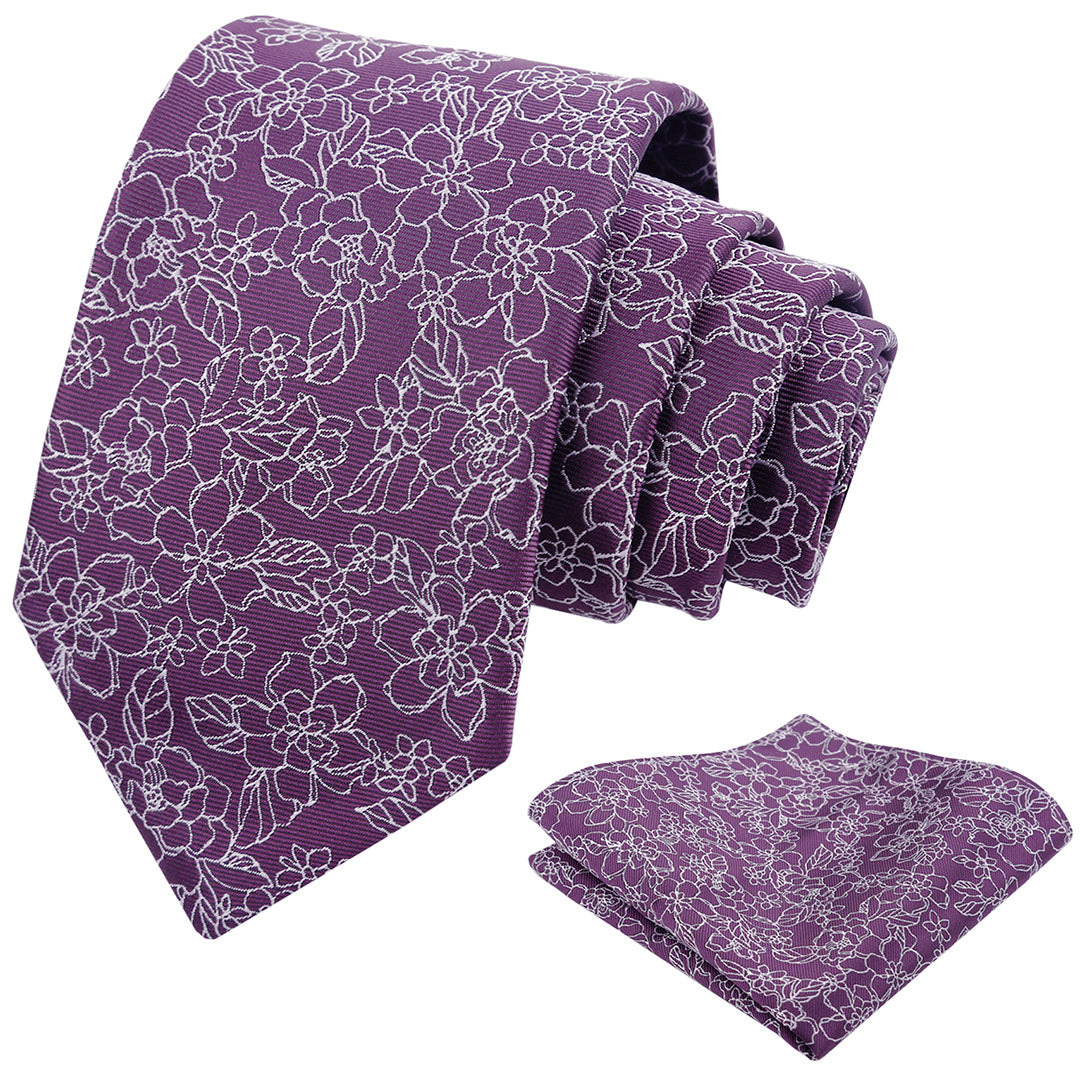 Mens 3.15inch Printed Floral Tie Set Solid Color Wedding Party Casual Flower Necktie Pocket Square Set-914