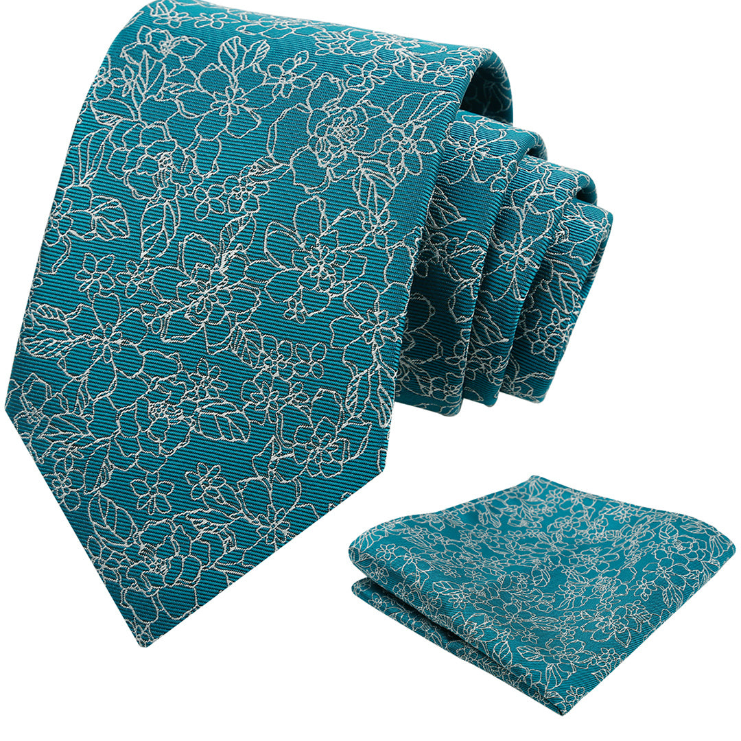 Mens 3.15inch Printed Floral Tie Set Solid Color Wedding Party Casual Flower Necktie Pocket Square Set-914