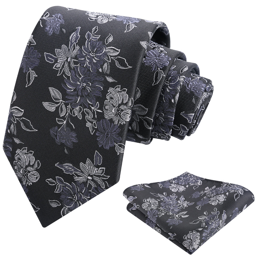 Mens 3.15inch Retro Floral Necktie and Hanky Vintage Wedding Tie and Pocket Square Set-915