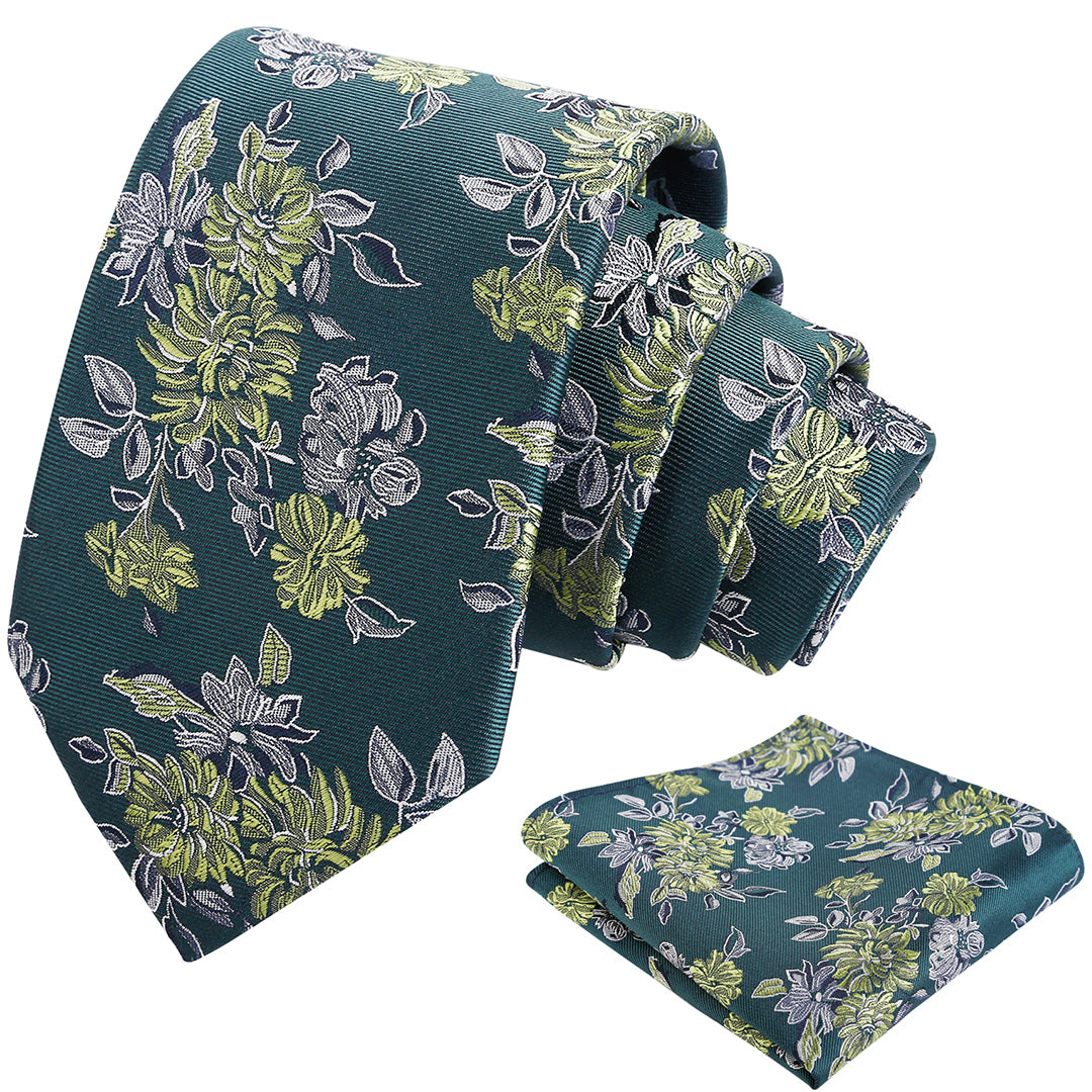 Mens 3.15inch Retro Floral Necktie and Hanky Vintage Wedding Tie and Pocket Square Set-915