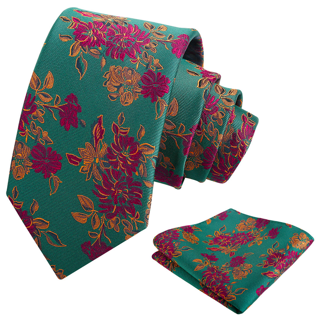 Mens 3.15inch Retro Floral Necktie and Hanky Vintage Wedding Tie and Pocket Square Set-915