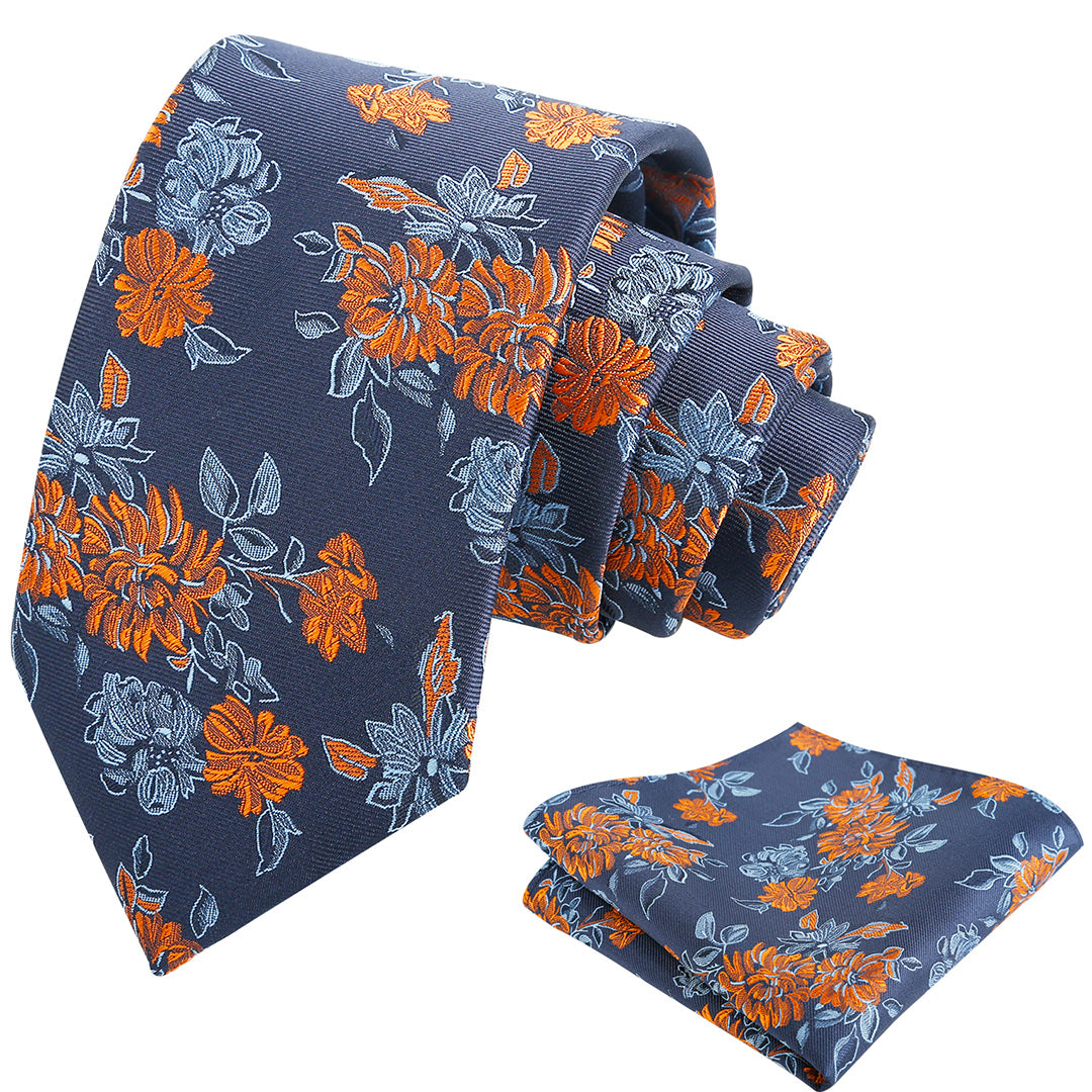 Mens 3.15inch Retro Floral Necktie and Hanky Vintage Wedding Tie and Pocket Square Set-915