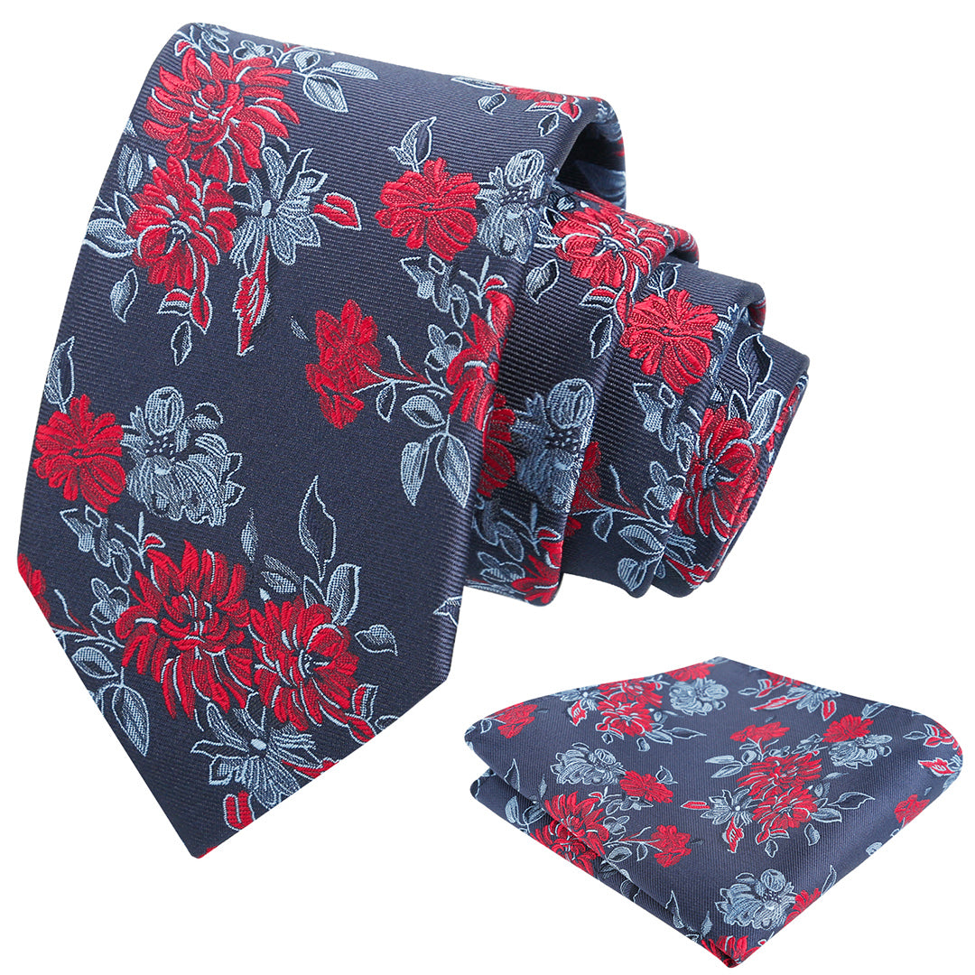 Mens 3.15inch Retro Floral Necktie and Hanky Vintage Wedding Tie and Pocket Square Set-915