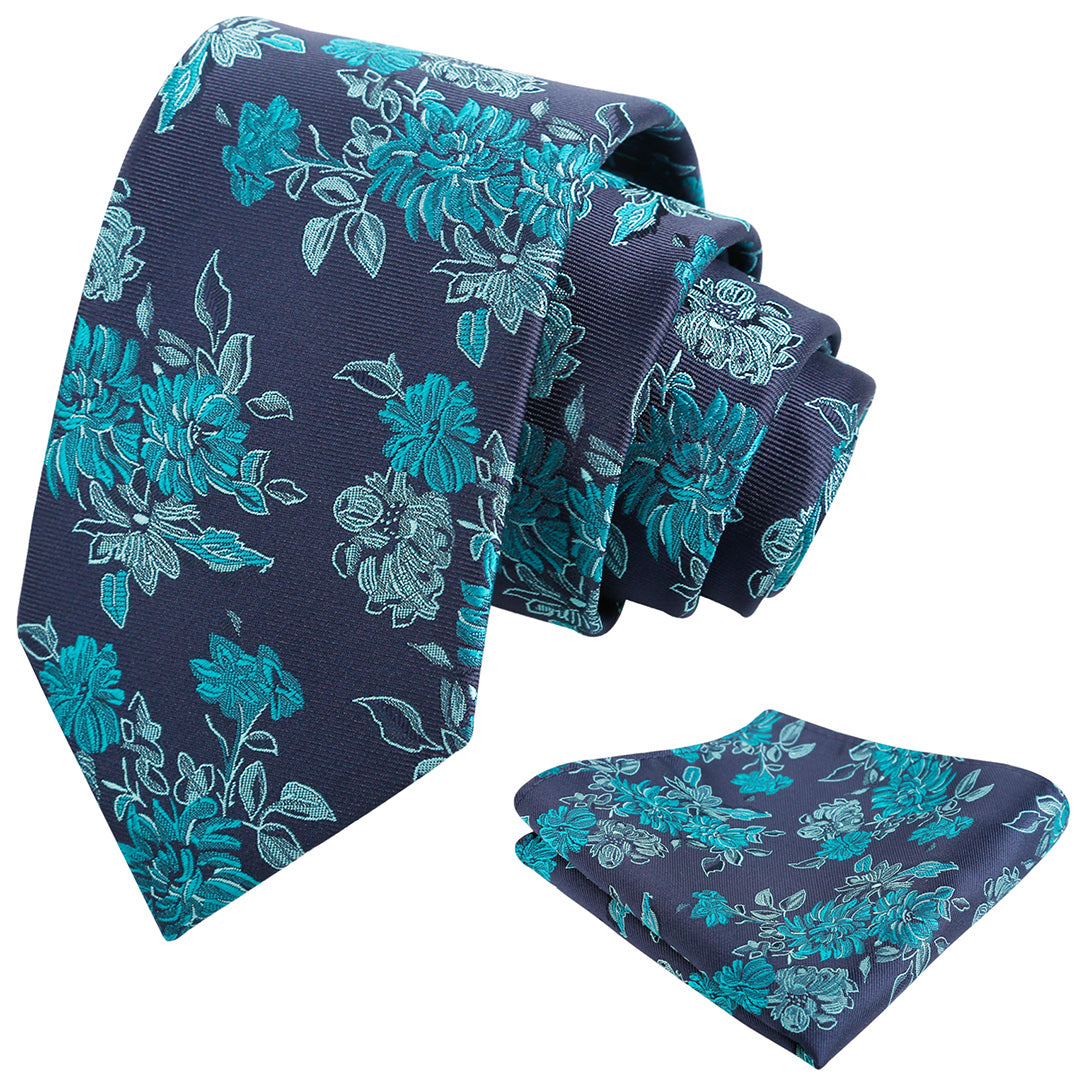 Mens 3.15inch Retro Floral Necktie and Hanky Vintage Wedding Tie and Pocket Square Set-915
