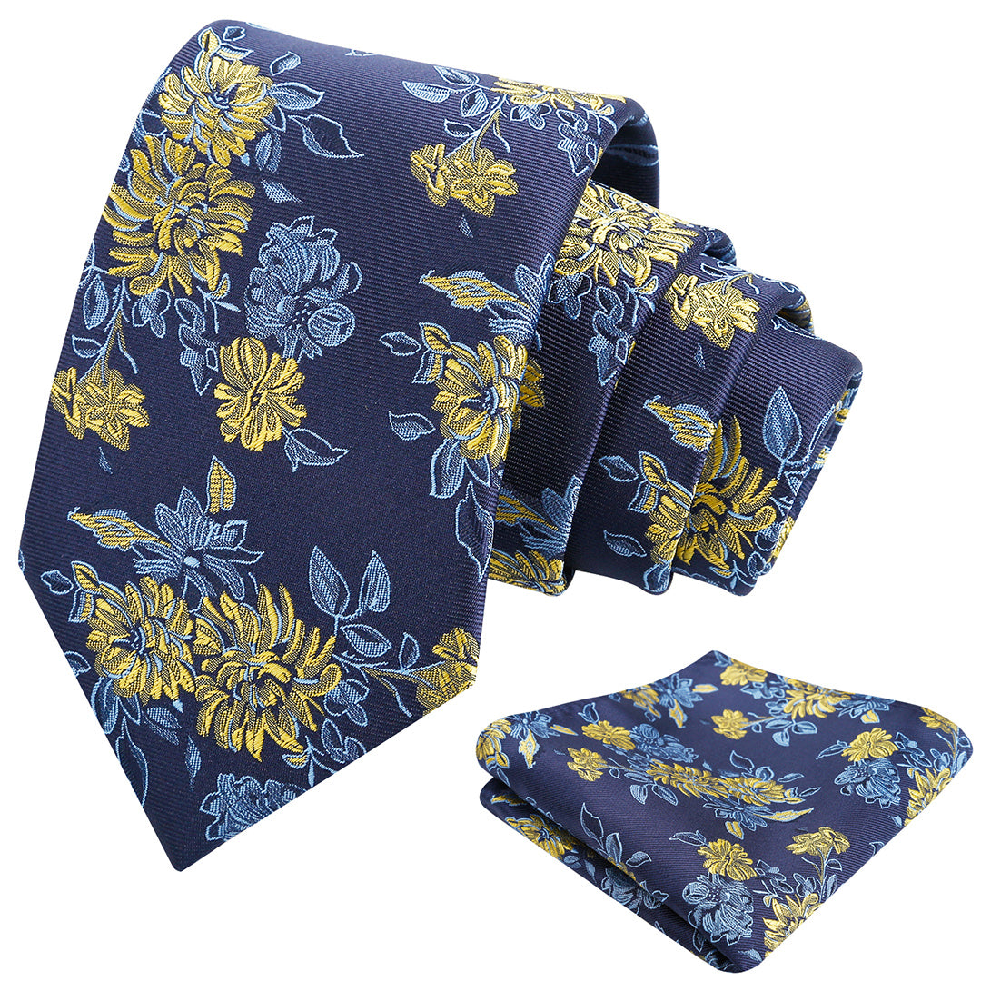 Mens 3.15inch Retro Floral Necktie and Hanky Vintage Wedding Tie and Pocket Square Set-915