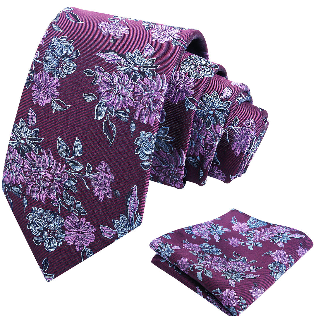 Mens 3.15inch Retro Floral Necktie and Hanky Vintage Wedding Tie and Pocket Square Set-915