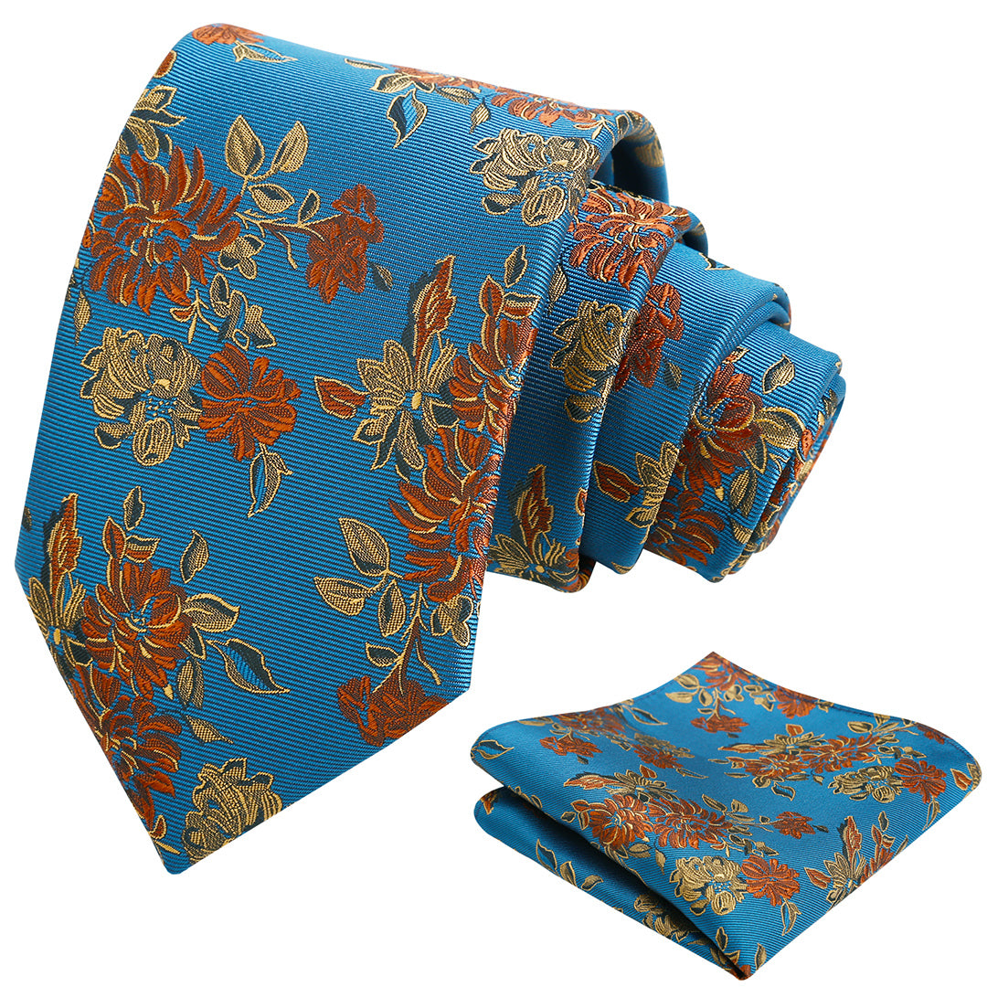 Mens 3.15inch Retro Floral Necktie and Hanky Vintage Wedding Tie and Pocket Square Set-915