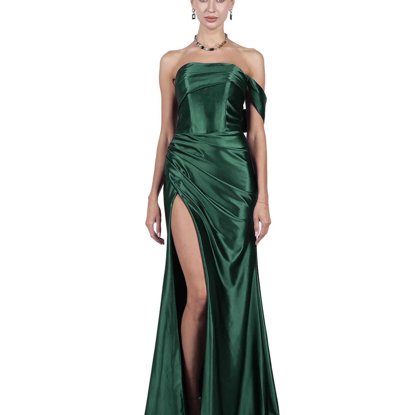 Off-Shoulder Pleated Satin High Split Flutter Elegant Evening Dresses