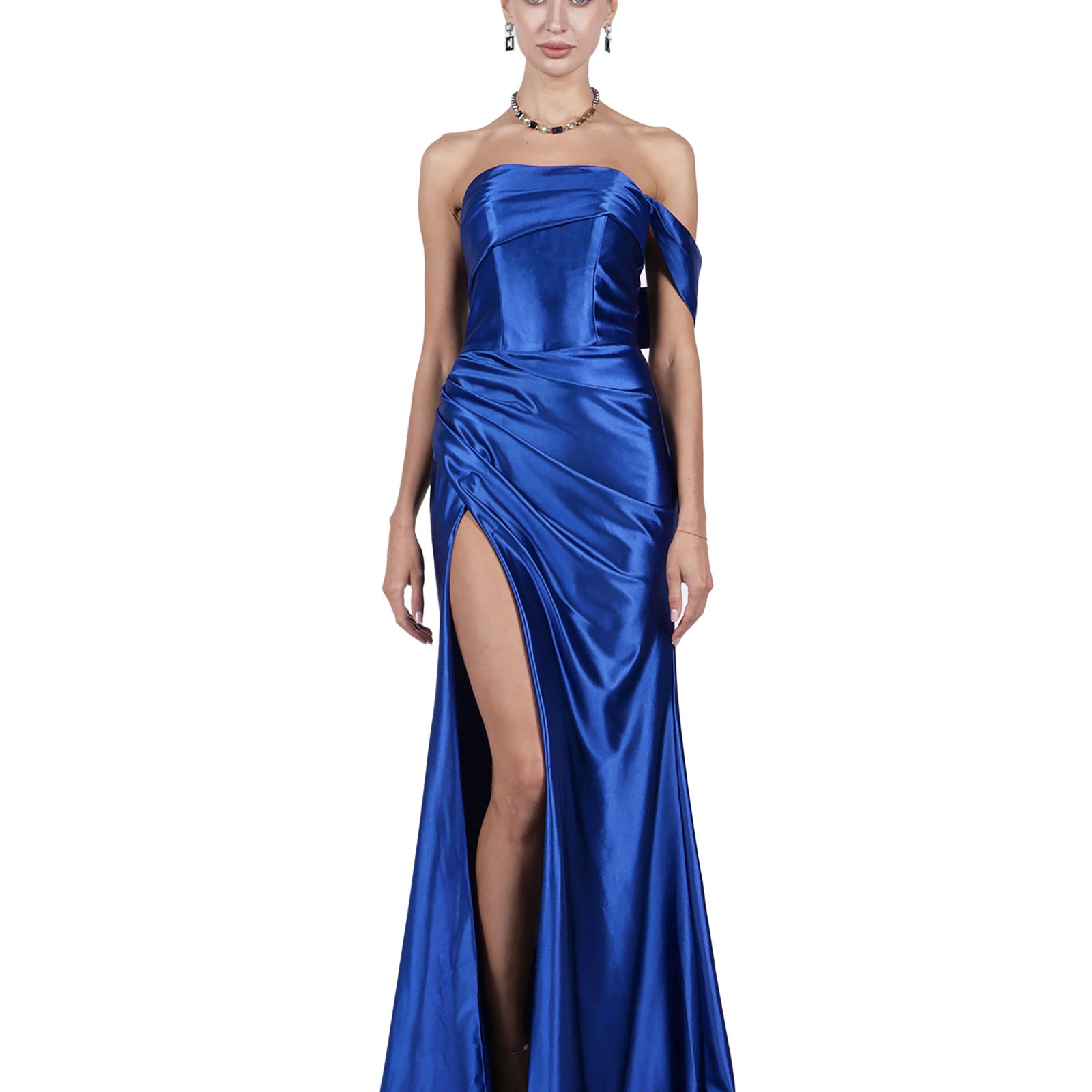 Off-Shoulder Pleated Satin High Split Flutter Elegant Evening Dresses