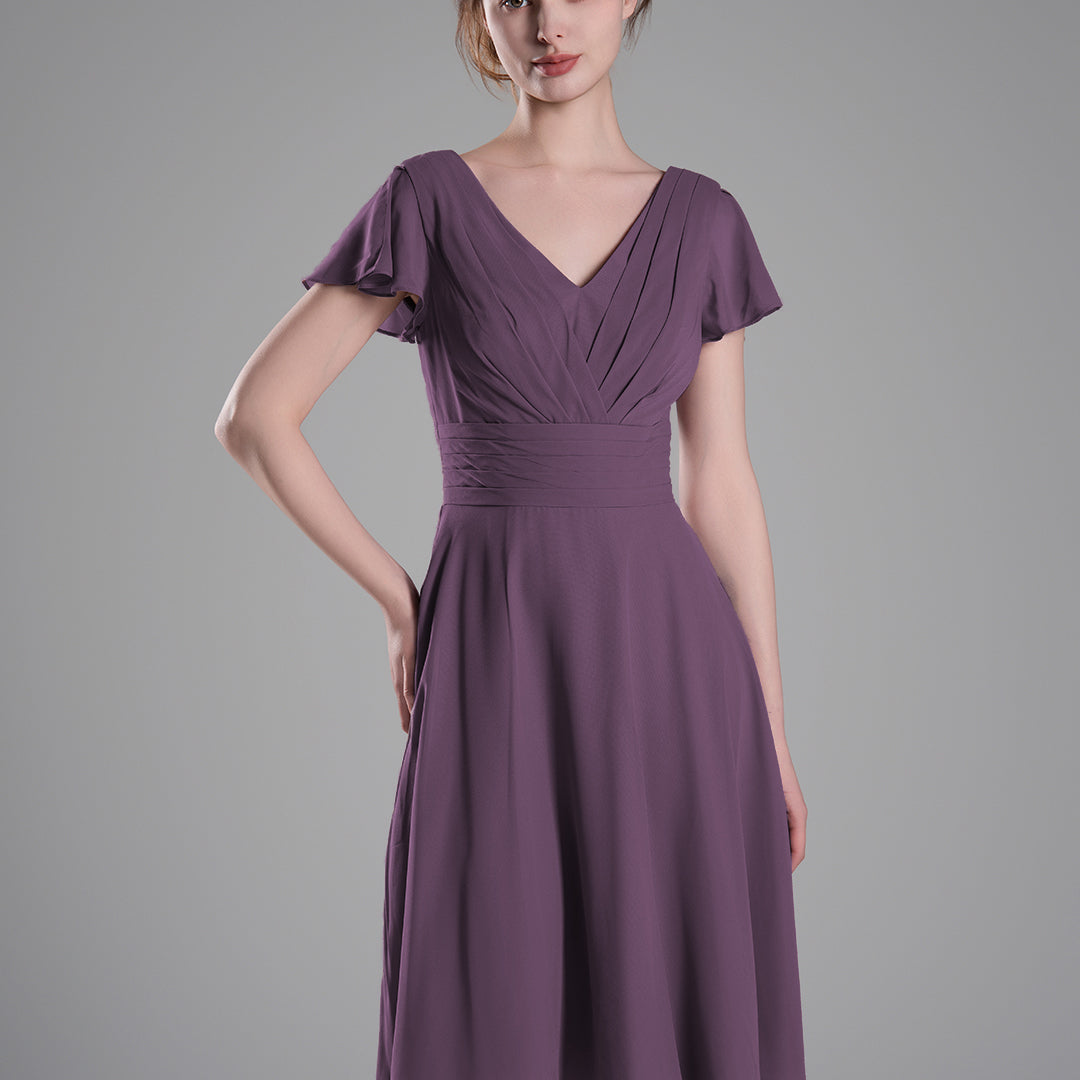 Flutter Sleeves Pleated V-Cut Back Mini Dresses