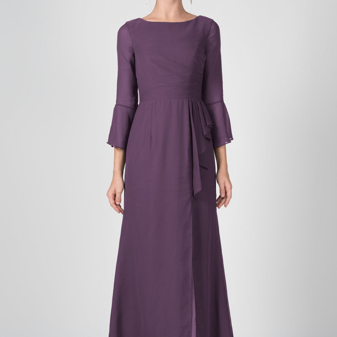 Bateau Neck Sheer Sleeve Split Maxi Dresses