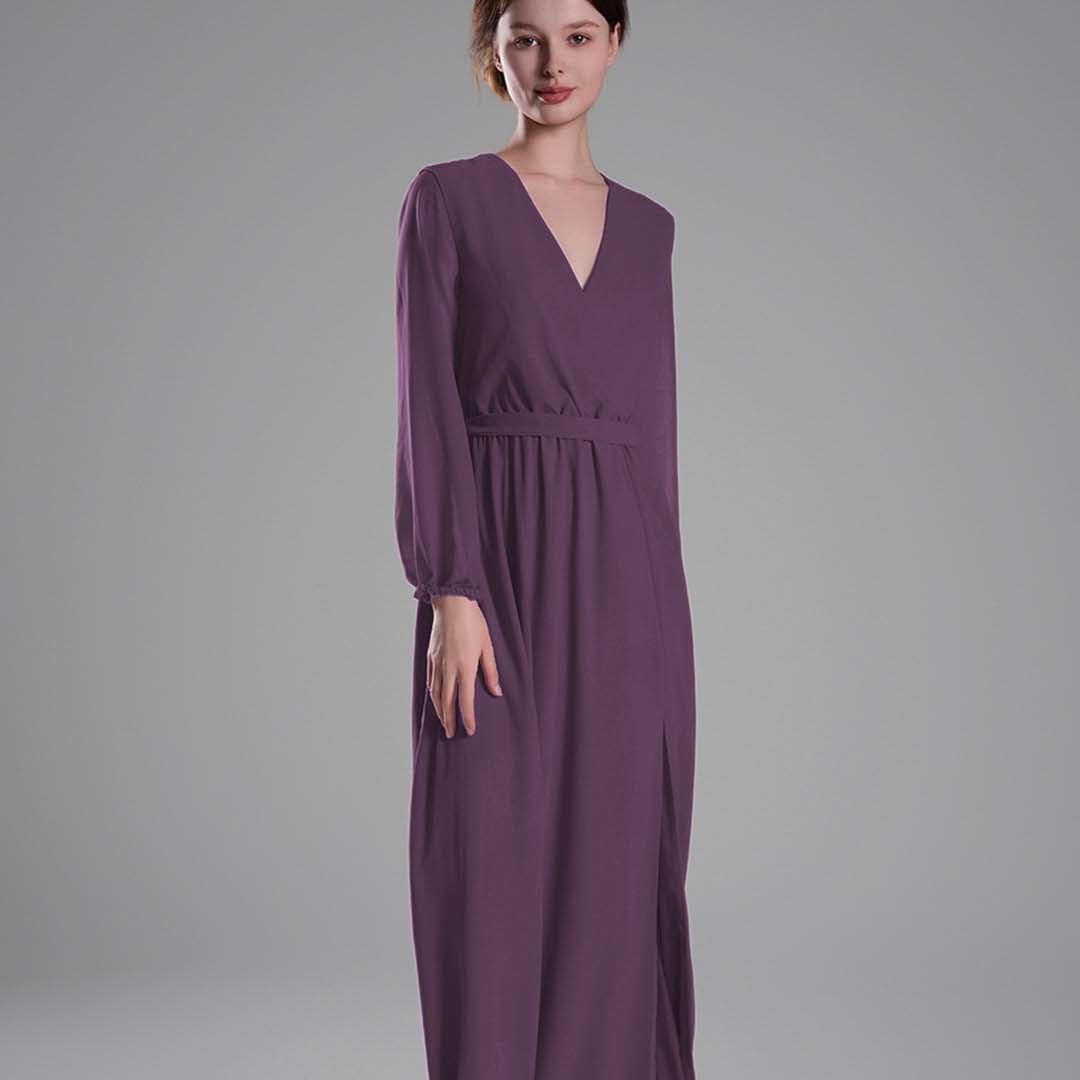 V-Neck Elegant Long Sleeves Flared Slit Dresses