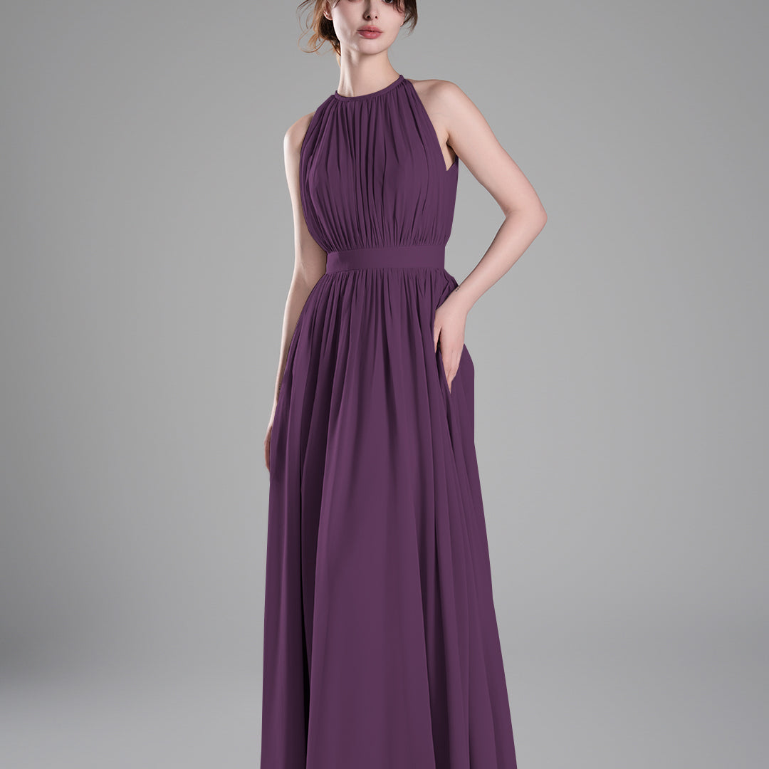 Halter Neckline Pleated Cinched Waist Dresses