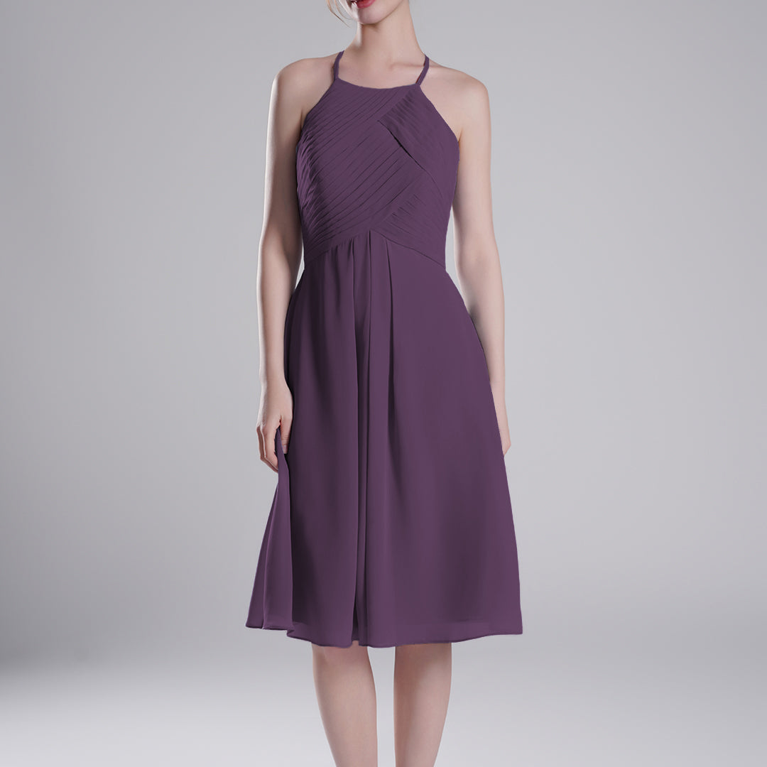 Halter Neckline Pleated Bodice Open Back Mini Dresses