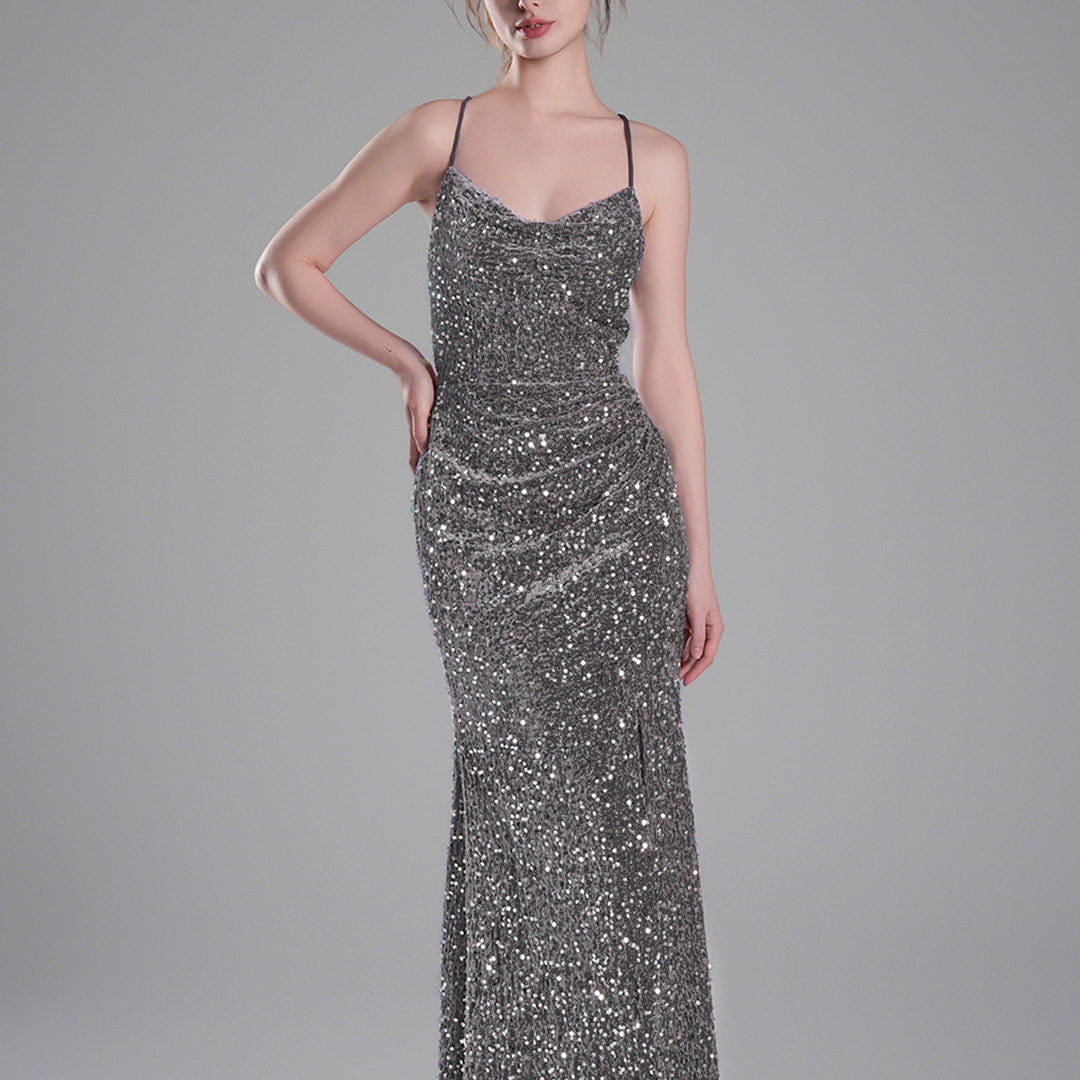 Cowl Neckline Eye-Catching Sequin Lace-Up Dresses