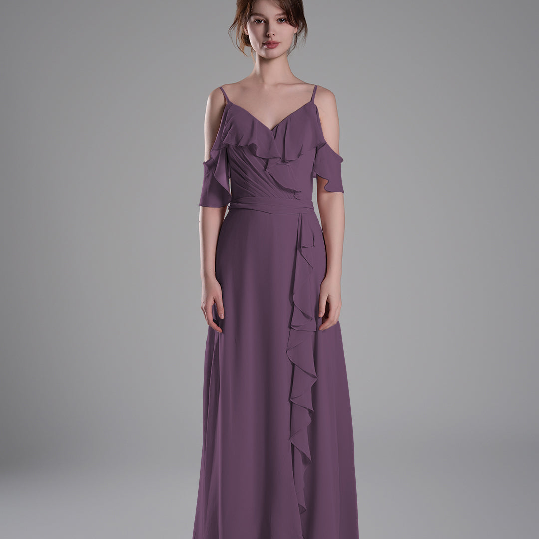 Adjustable Straps Ruffled Chiffon Long Dresses