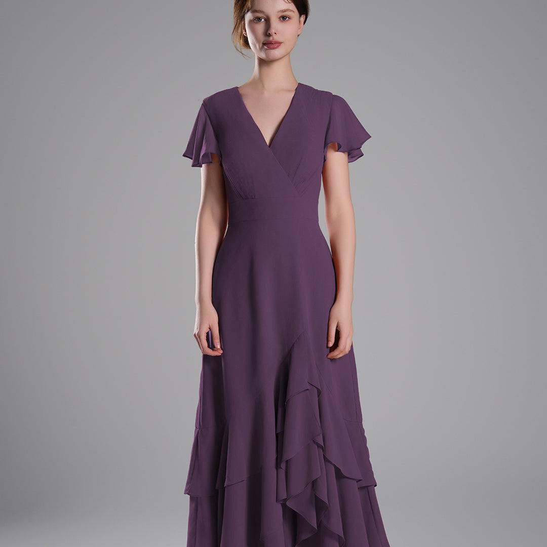 V-Neck Flutter Sleeves Asymmetrical Hemline Dresses