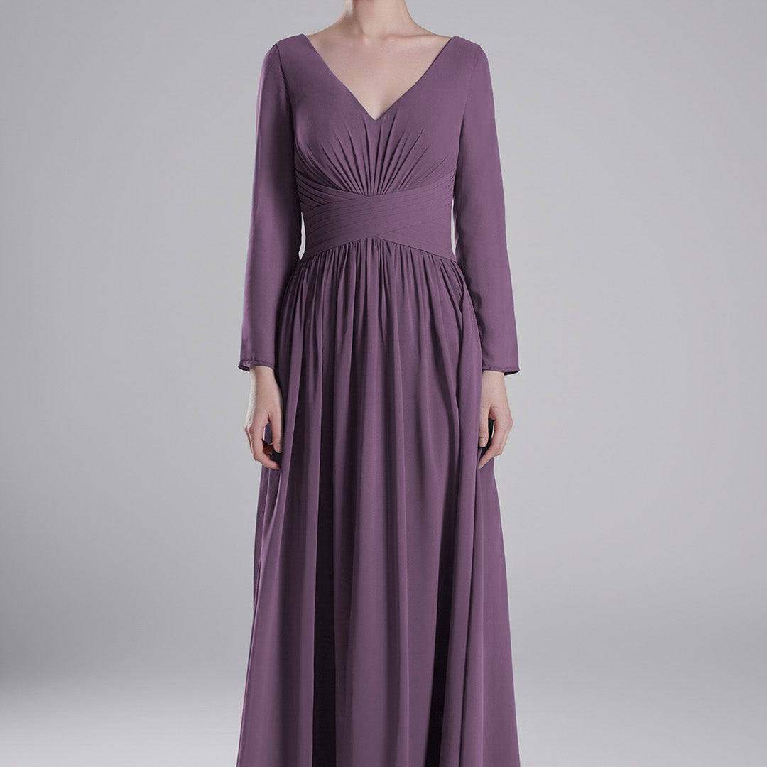 V-Neck Pleated Fitted Waist Flowing A-Line Dresses