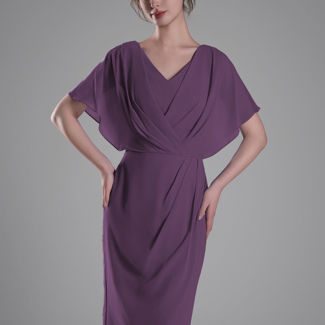 V-neck Pleated Cape Knee-length Dresses