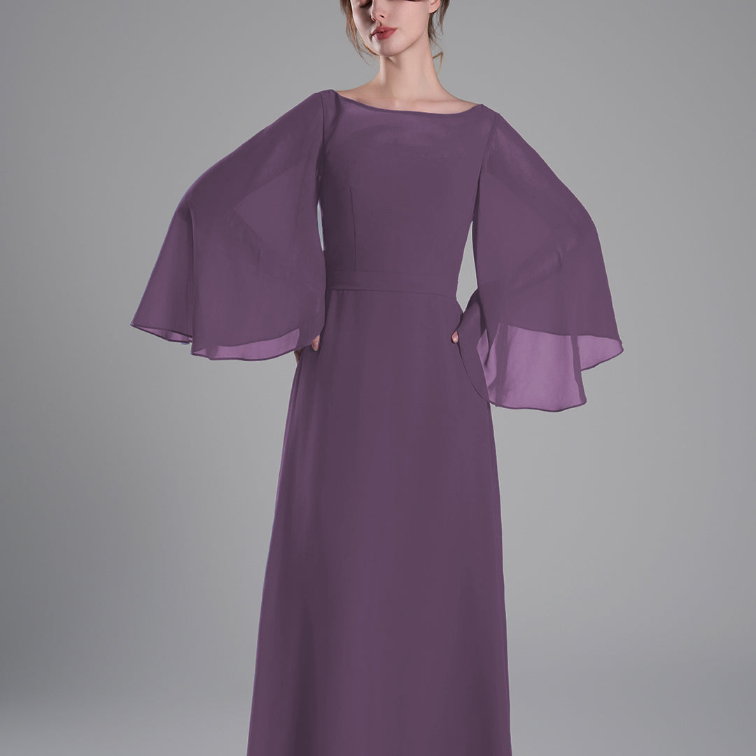 Boat Neckline Bell Sleeves Floor-Length A-Line Dresses
