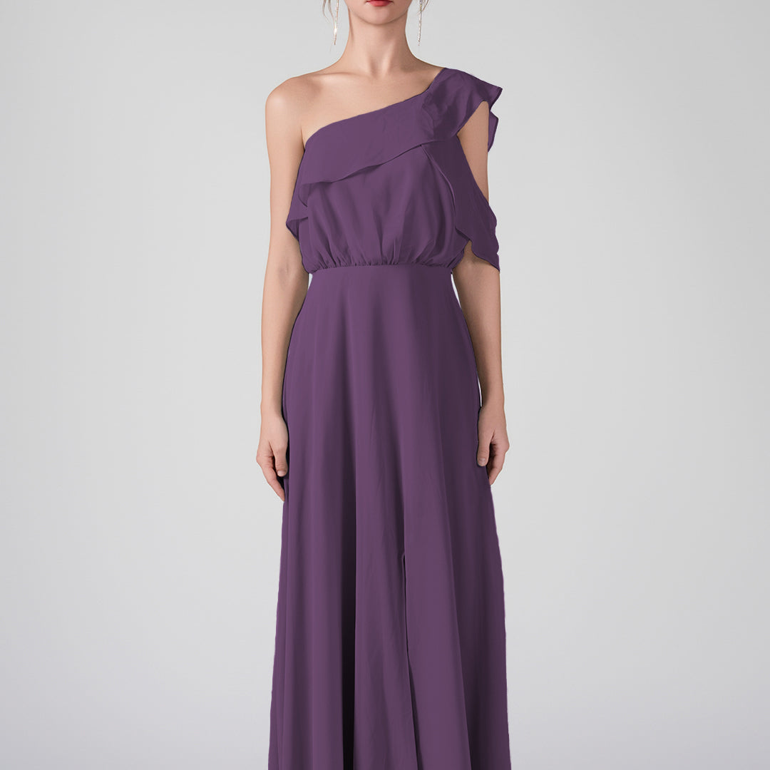 One Shoulder Ruffled Sleeves Front Split A-Line Maxi Dress