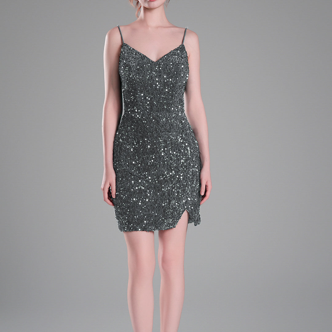 Spaghetti Straps Sparkling Velvet Sequin Mini Dress