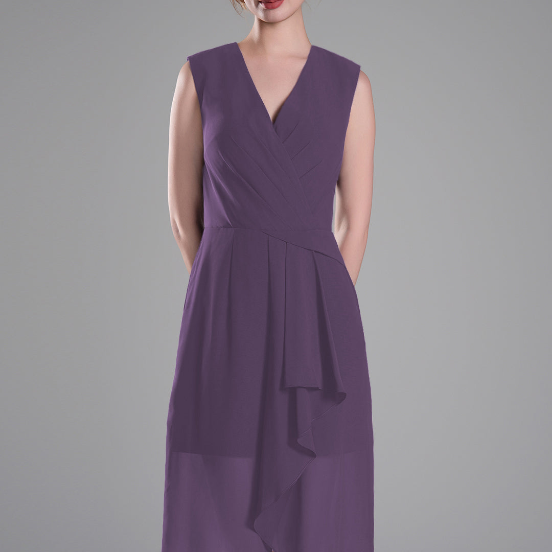 Sophisticated PleatedV-Neck Flared Hem Dress
