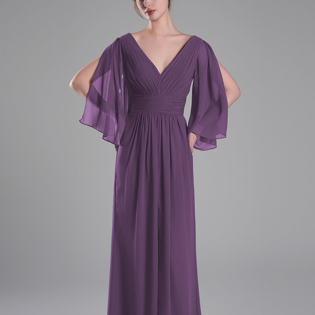 Flowing Chiffon Sleeves Ruched Waistline Slit Dresses