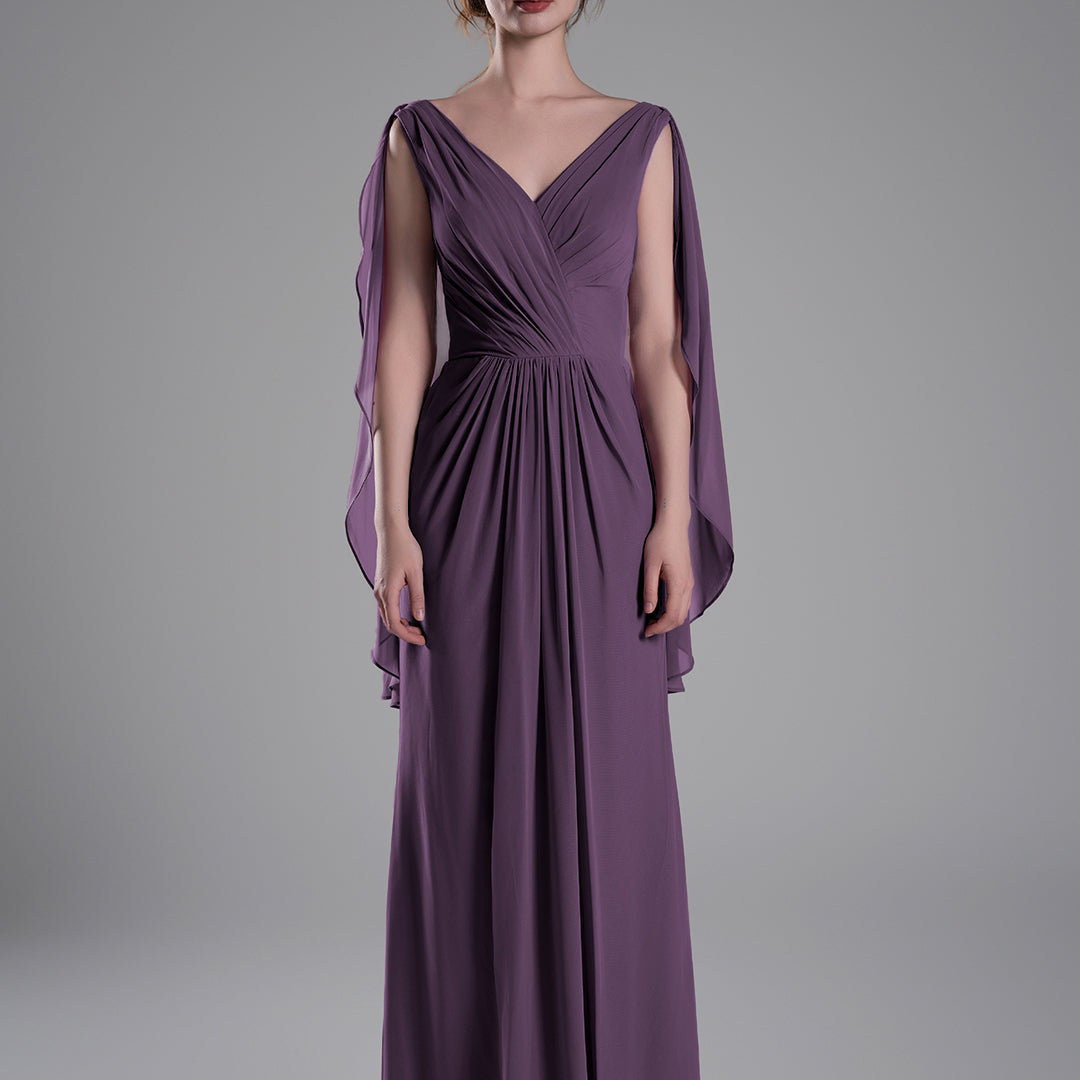 V-Neck Flowing Cape Sleeves Pleated Dress