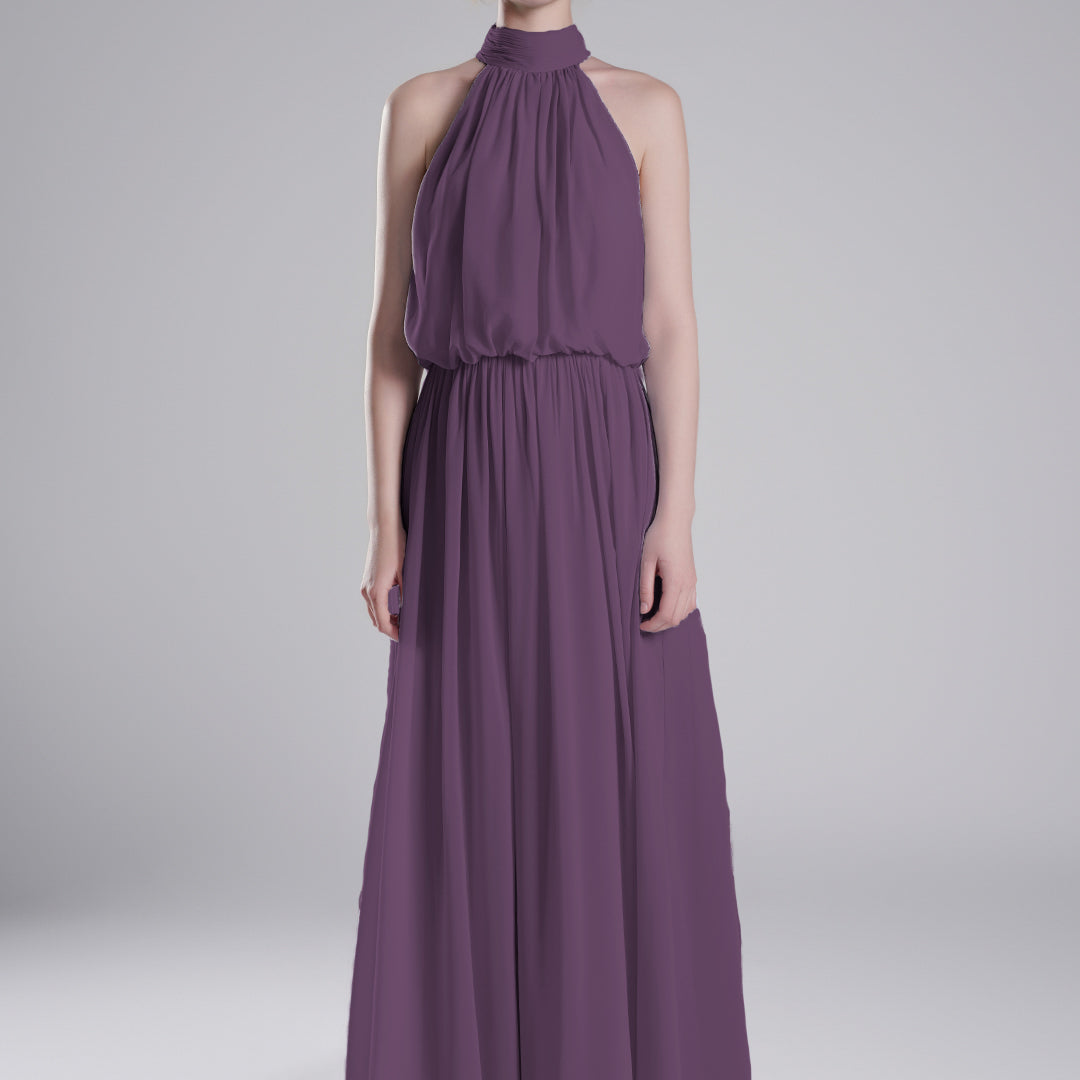 High Halter Neck Pleated Flowing A-Line Dresses
