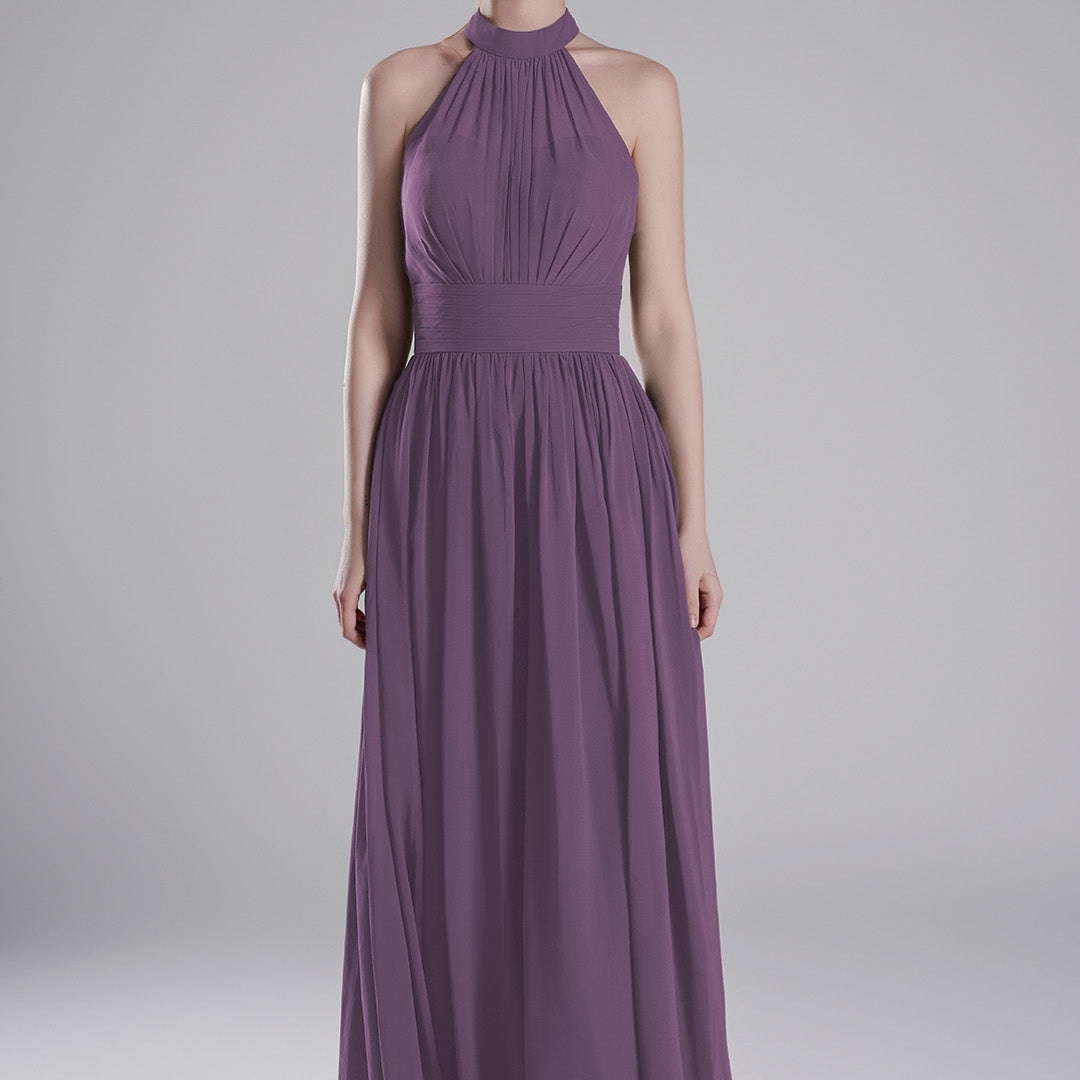 Halter Neckline Pleated Bodice Open Back A-Line Dresses