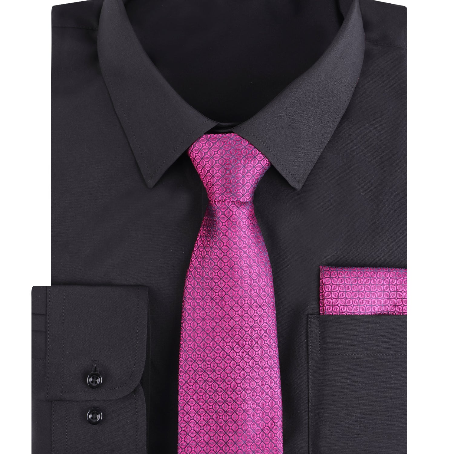3pcs Black Series Mens Dress Shirt with Tie Pocket Square Set